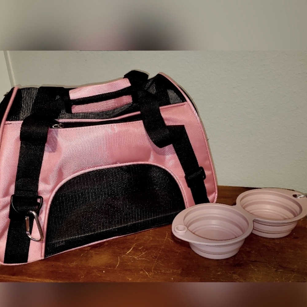 Collapsible Pink Travel Pet Carrier & Bowl Set